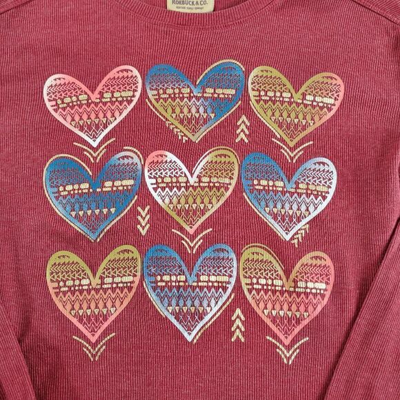 Roebuck & Co Shirt Top Womens XL Red Heart Ribbed Long Sleeve Round Neck Thermal - Picture 6 of 8